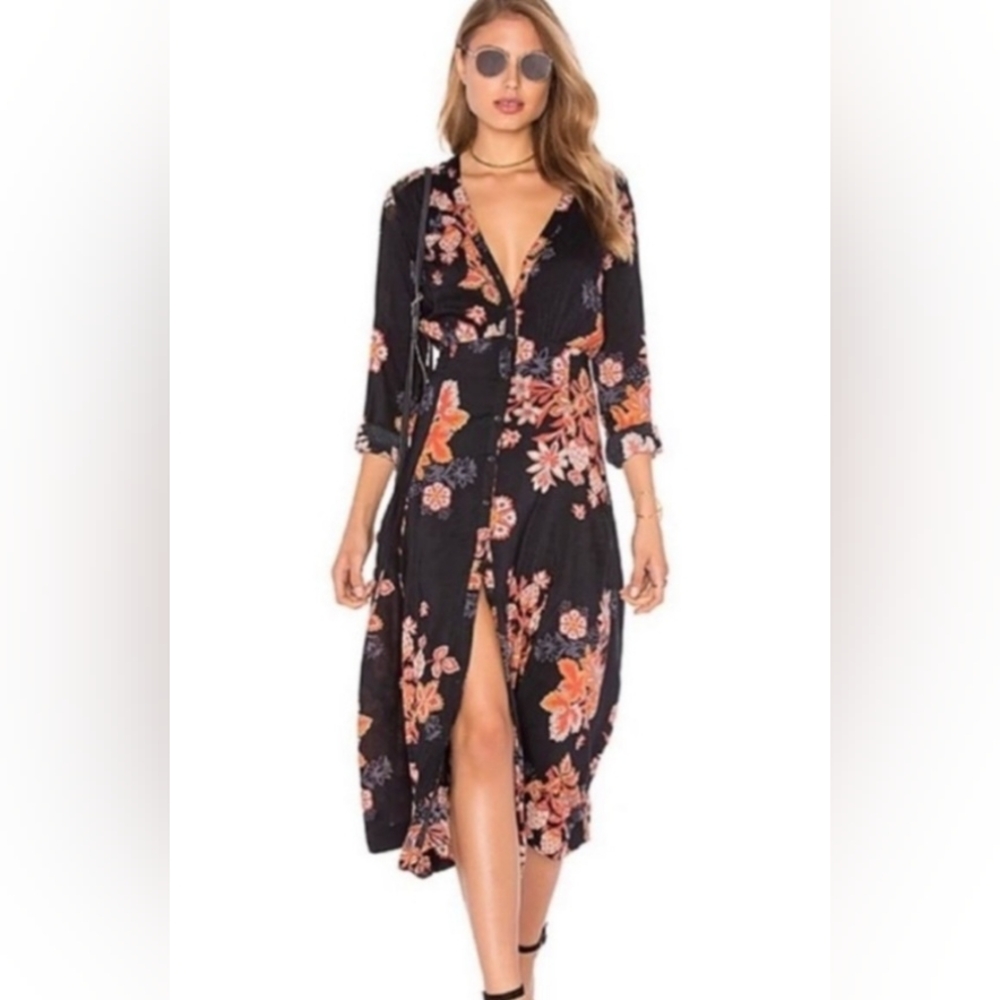 Floral Wrap Midi Dress in Black with Peach Blooms